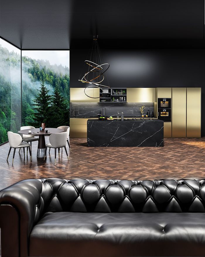 La composition de la cuisine GOLDNESS allie parfaitement le design moderne à la praticité, présentant une surface élégante et fonctionnelle avec un revêtement luxueux en marbre.