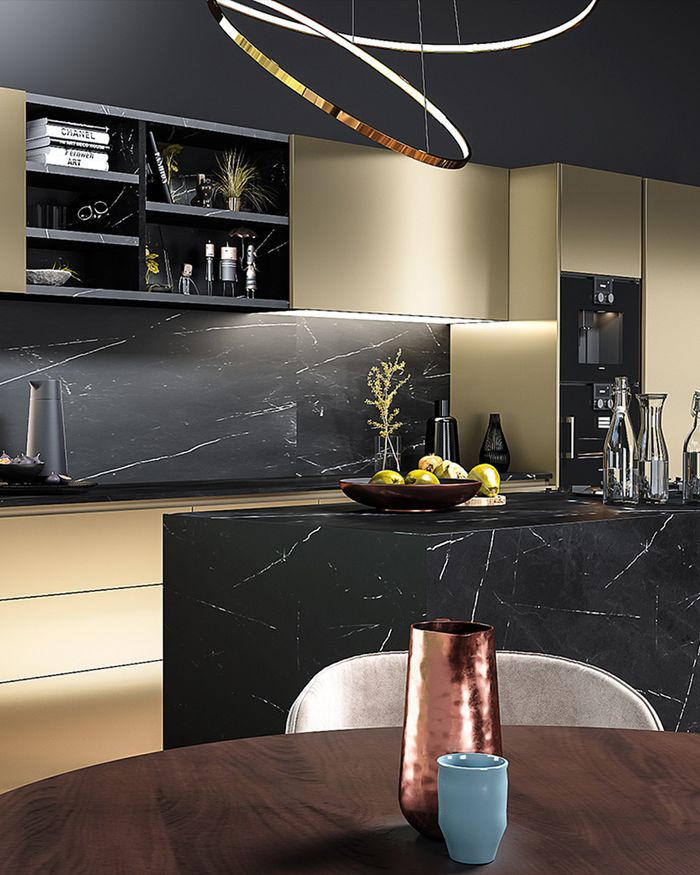 La table élégante et fonctionnelle de la série GOLDNESS de Mebel Arts met en valeur le design luxueux et le confort, soulignant le sens du luxe moderne dans la cuisine.