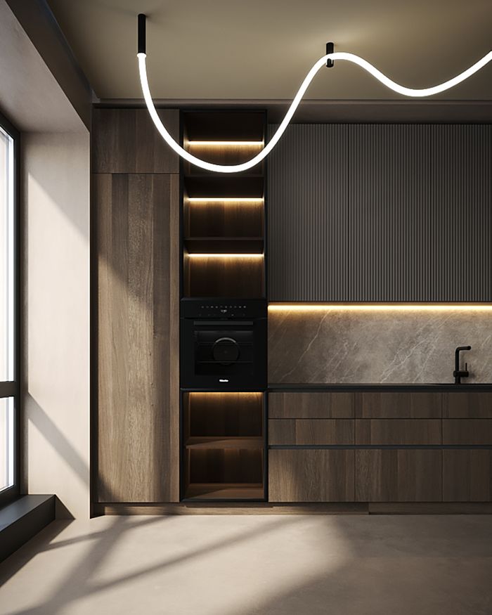 Rossano kitchen with bakelite from Mebel Arts, enhanced with impressive lighting.