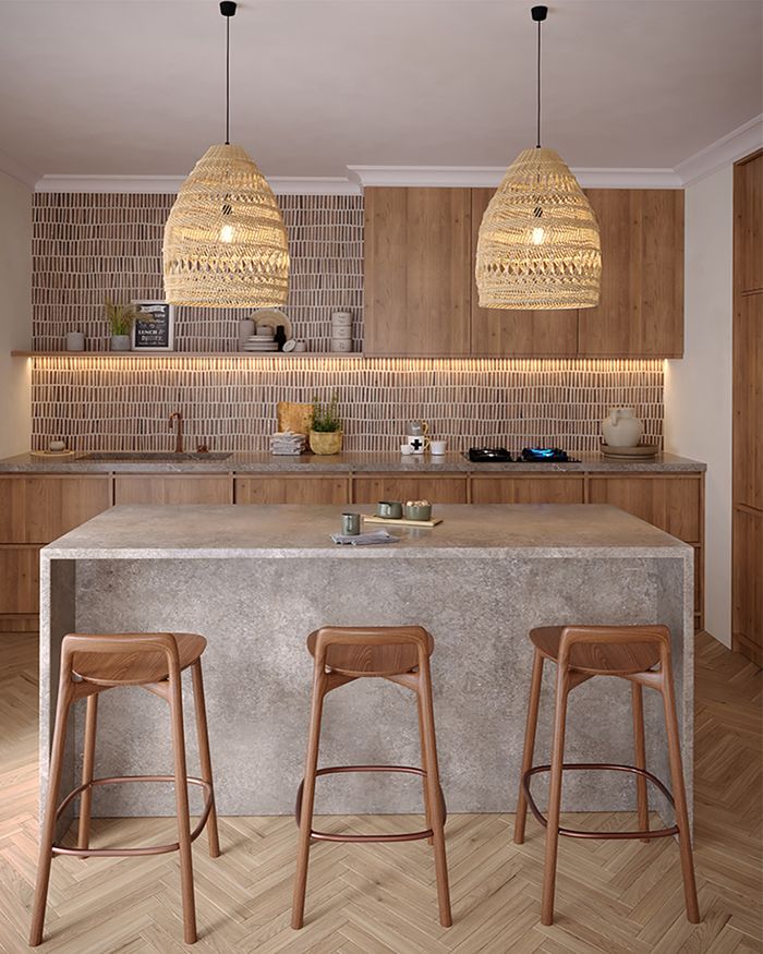 Cuisine moderne NORDIC avec un îlot central et des chaises de bar, conçue pour les habitations contemporaines à la recherche d'un espace de cuisine avec style et élégance.