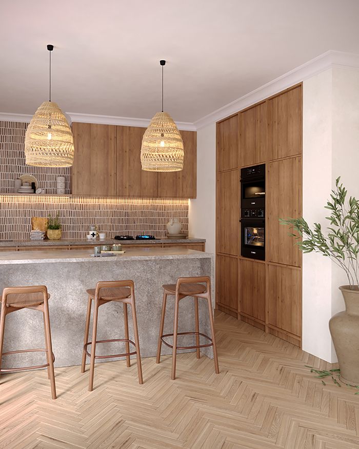 Scandinavian design meets classic comfort in this NORDIC kitchen, illuminated by elegant light fixtures and framed by warm wooden elements, a signature of Mebel Arts.