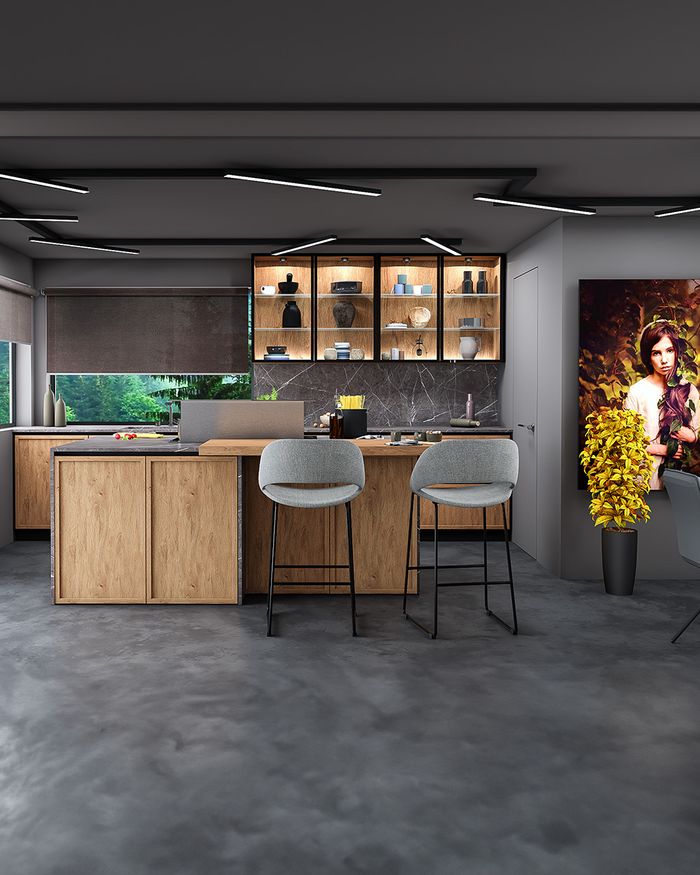 Design moderne de cuisine RING avec des armoires en bois et un espace de travail ouvert, offrant une sensation d'espace et d'élégance.