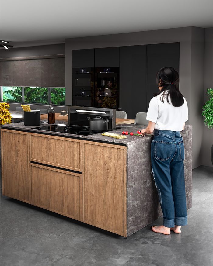 RING series kitchen with a durable ceramic work surface and wooden base, combining luxury with practicality for every modern home