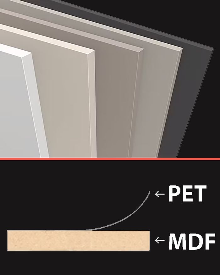 Δομική λεπτομέρεια πορτακιών Mebel Arts με επικάλυψη PET πάνω σε βάση MDF για ανώτερη ποιότητα.