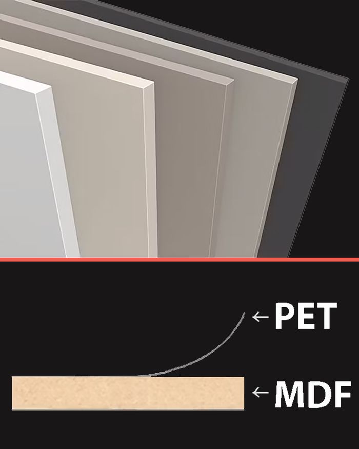 Structural detail of Mebel Arts doors with PET overlay on an MDF base for superior quality.