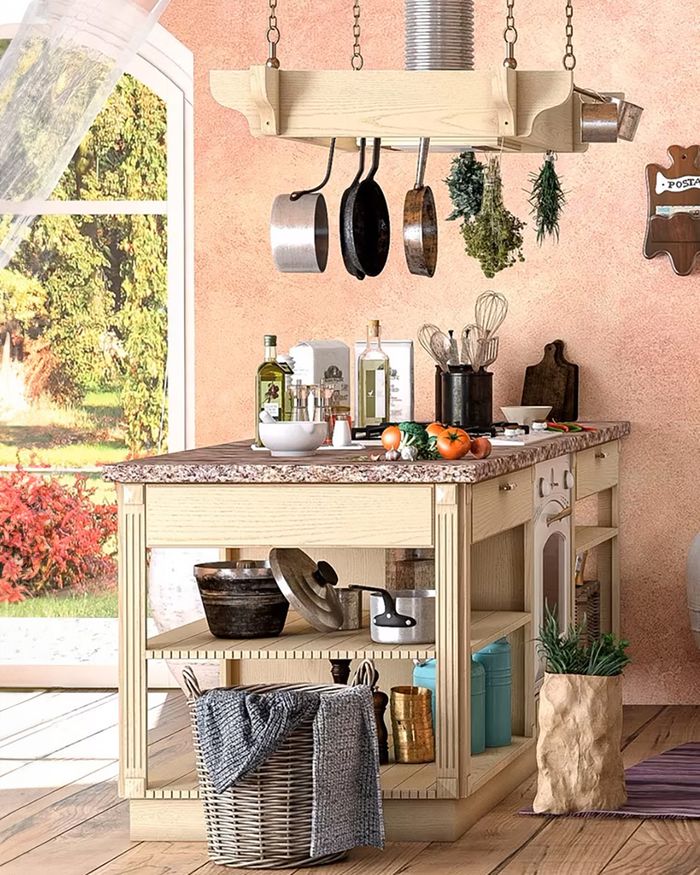 The image depicts a modern kitchen island from the INTER series by Mebel Arts, ideal for an open and functional kitchen space. The pot hanger, carefully organized storage, and the use of natural light highlight the flexibility and modern design, while natural textures and warm colors add warmth to the atmosphere of the space.