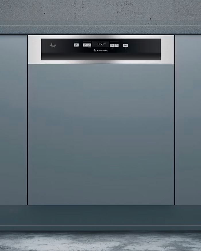 Mebel Arts' semi-integrated dishwasher in an elegant gray hue is designed to highlight luxury and functionality in the modern kitchen. The simplicity of the lines and the discreet presence of the control panel give it a sense of elegance and aesthetic coherence. The image depicts the dishwasher closed, seamlessly integrated into a contemporary kitchen design, emphasizing the focus on minimalistic decoration and high technology. It is ideal for those who wish to combine aesthetics with practicality in their daily dishwashing routine.