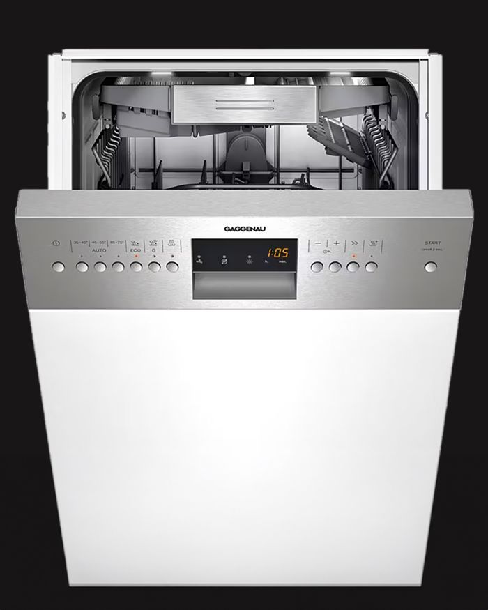 Upgrade your kitchen with the stainless steel semi-integrated dishwasher from Mebel Arts, combining luxury with ultimate functionality. The image depicts the interior of the dishwasher with the active display, as well as the built-in drawers and shelves filled with kitchen items, highlighting the spaciousness and excellent space organization. Its modern and elegant design is showcased through the smooth metallic surface and ergonomic control panel, offering impeccable aesthetic coherence to your daily cooking space.