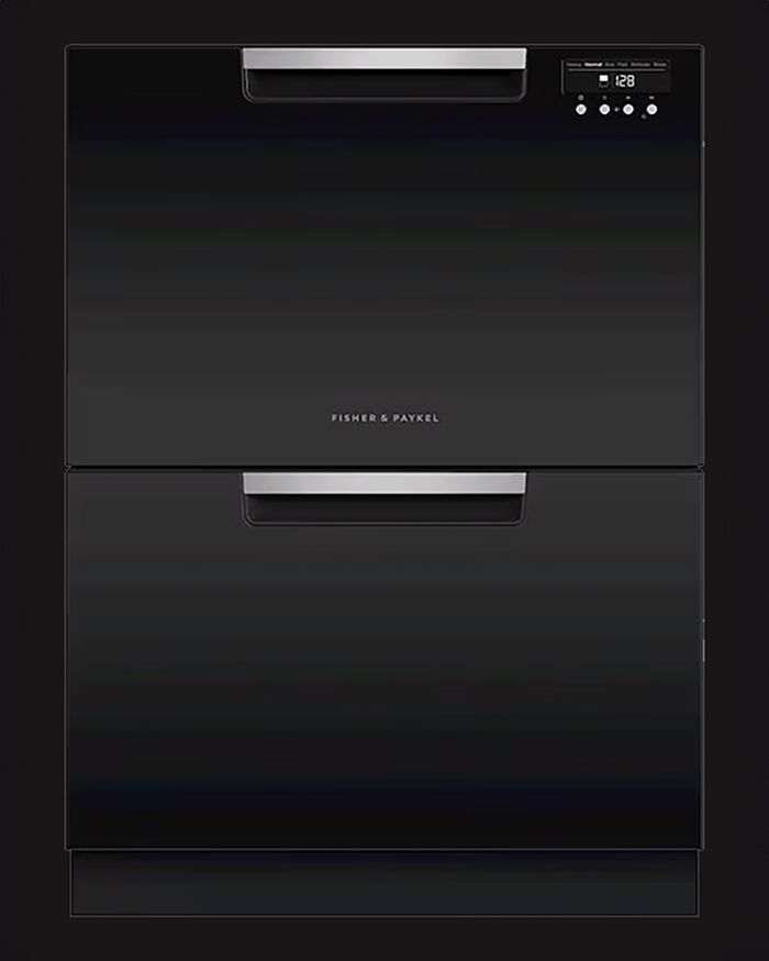 Πολυτελές διπλό συρτάρι πλυντήριο πιάτων Fisher & Paykel  σε κομψό μαύρο χρώμα με ψηφιακή οθόνη ελέγχου.
