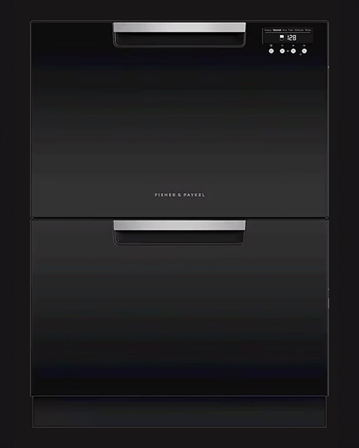 Luxurious double drawer dishwasher by Fisher & Paykel in an elegant black color with a digital control screen.