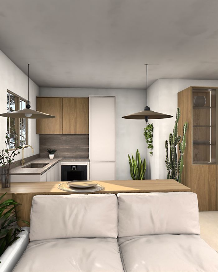 Μοντέρνα κουζίνα Mebel Arts με στοιχεία από ξύλο δρυς, φωτεινή με φυσικό φως, ιδανική για έναν ζεστό σύγχρονο χώρο.