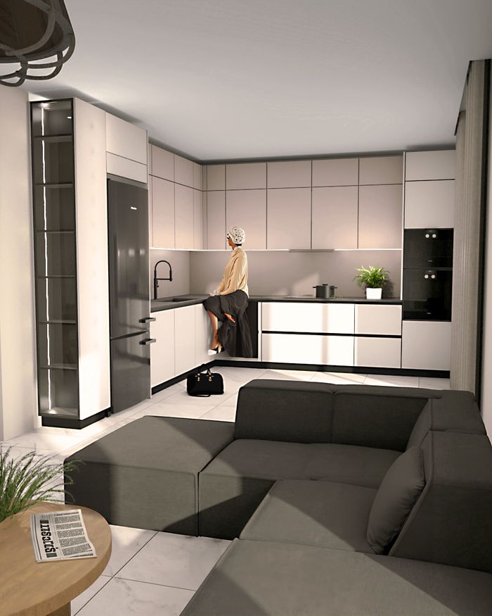 Spacious Mebel Arts kitchen with white Egger melamine doors and a modern design, perfect for functionality and style.