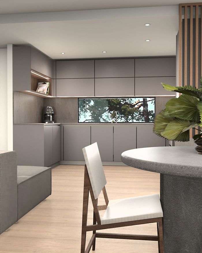 Mebel Arts kitchen with gray cabinets and natural light, perfect for everyday functionality and style.