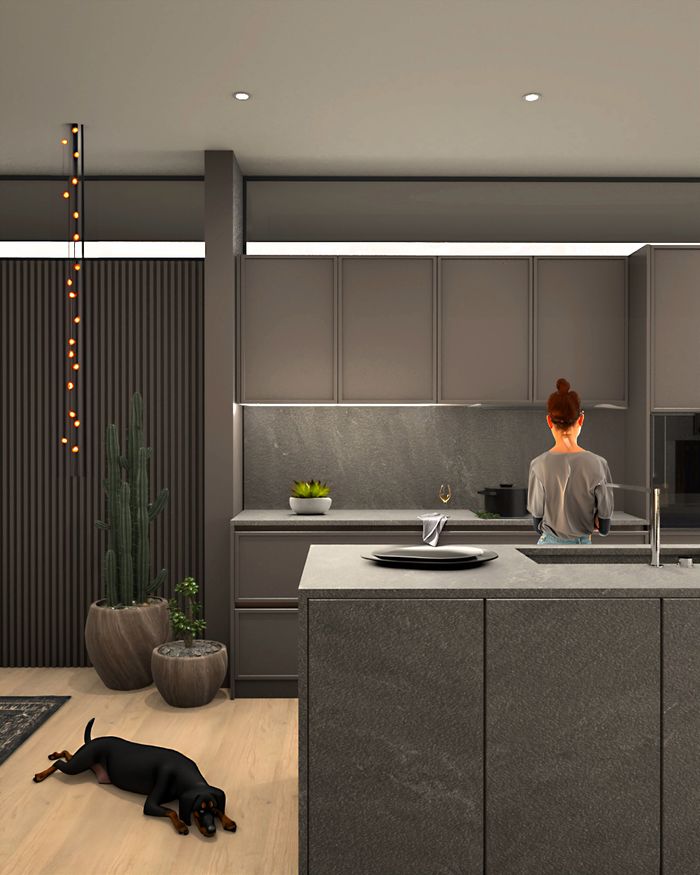 Modern Mebel Arts kitchen with a polymer concrete island, high aesthetics, and practical elegance.