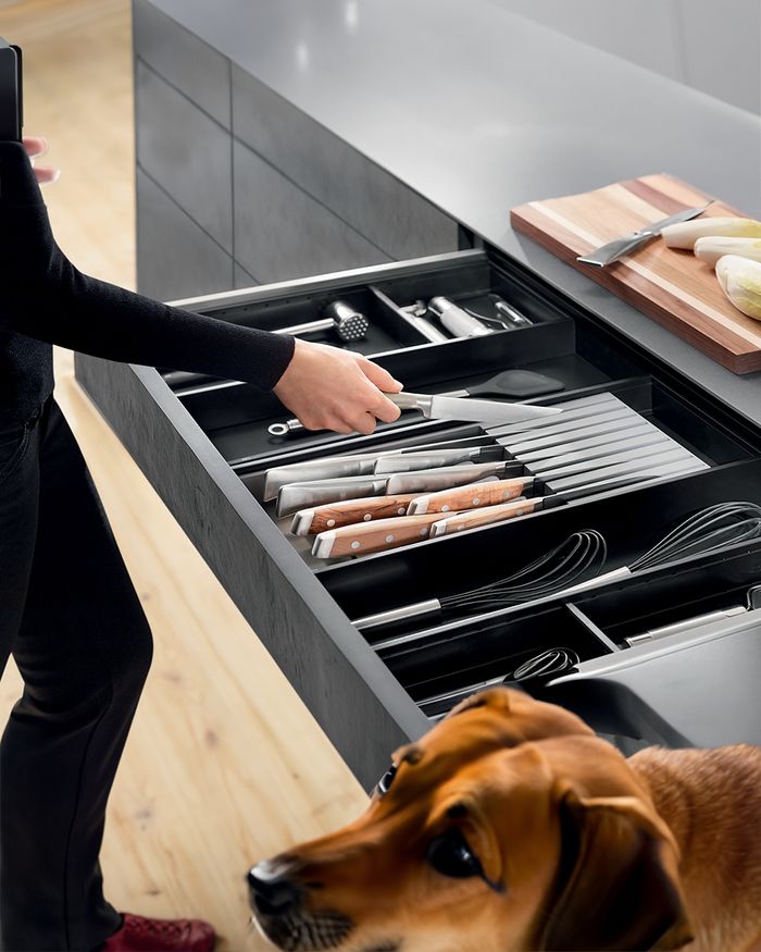 Mebel Arts kitchen drawer accessories with BLUM's Ambia Line knife holder, style and functionality.