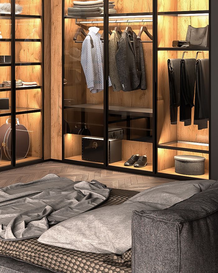 Contemporary Day & Night wardrobe by Mebel Arts with wooden accents and integrated lighting.