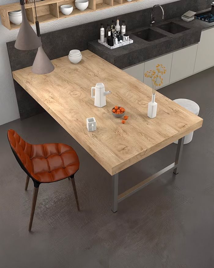 Minimalist Umbrae kitchen table from Mebel Arts, with natural texture.