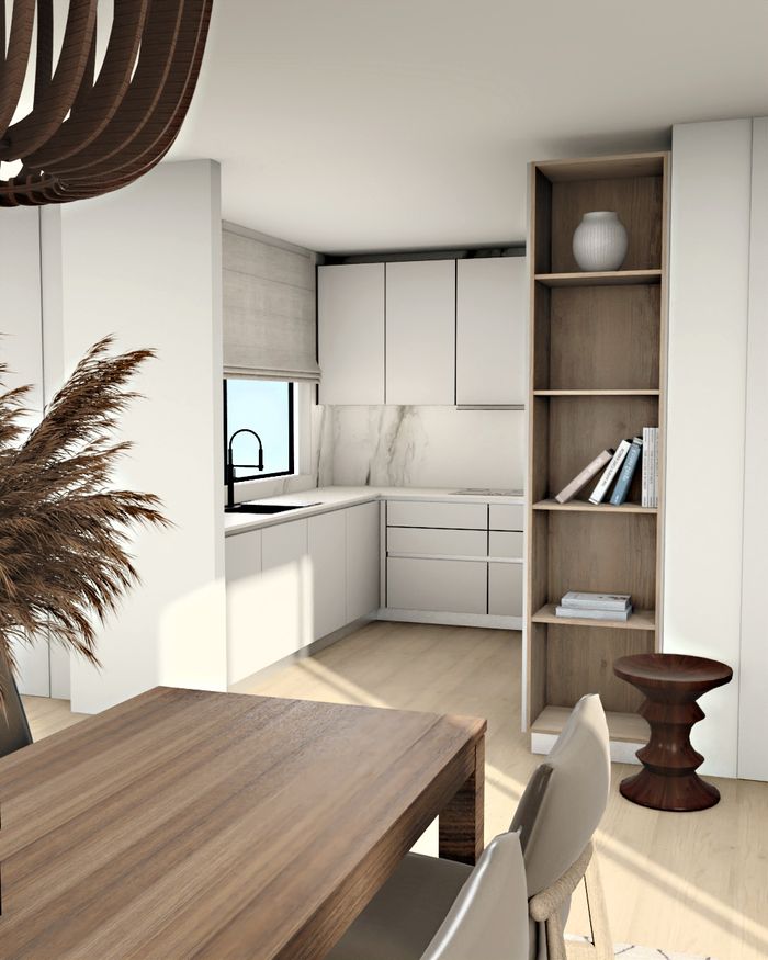 White minimalist kitchen by Mebel Arts with wooden details, combining elegance and brightness.