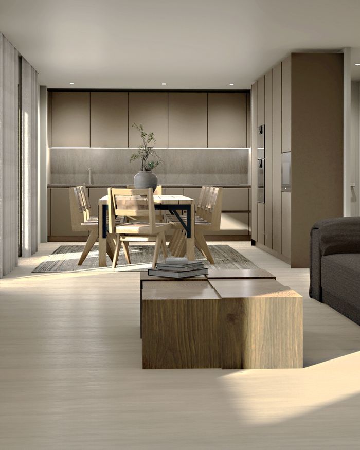 Κουζίνα Mebel Arts με φυσικό φως και ξύλινη τραπεζαρία, ιδανική για λάτρεις του μοντέρνου σχεδιασμού και της φωτεινότητας.