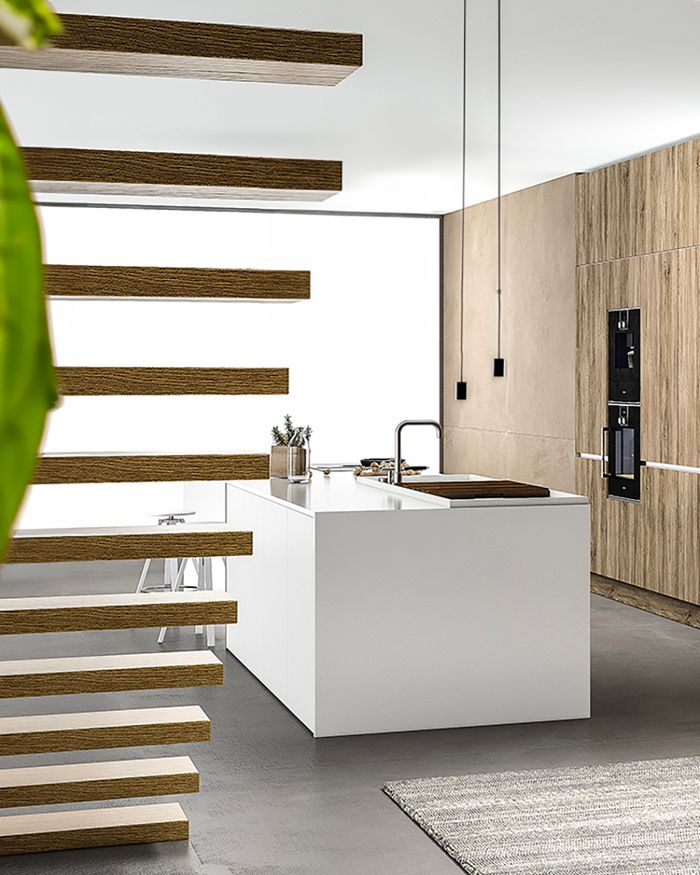 Modern kitchen island Mebel Arts Tamo with minimalist aesthetics and Corian countertop functionality.