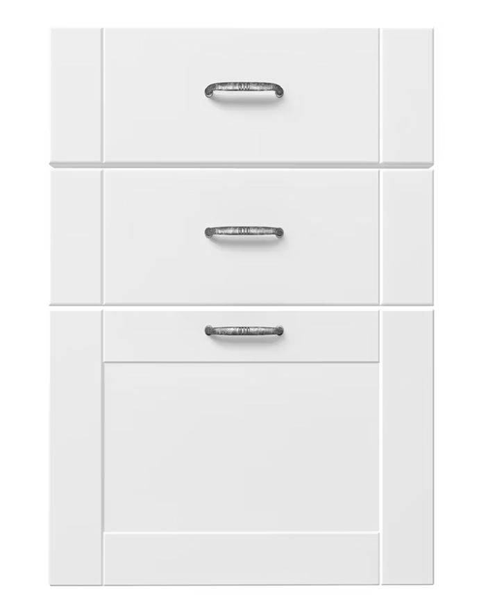 Contemporary white Scandinavia kitchen drawers from Mebel Arts with metal handles.