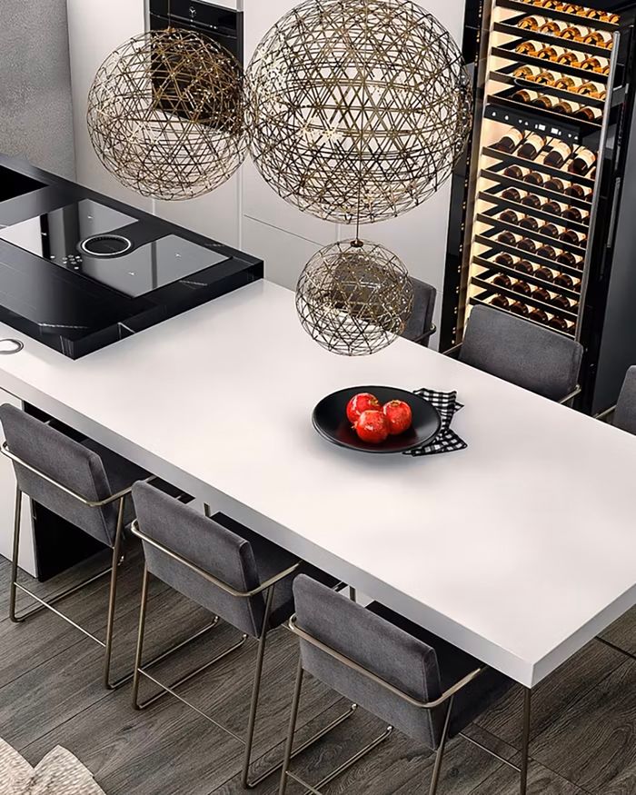 Mebel Arts kitchen island with Rauvisio Crystal surface, modern design, ideal for functionality and style in every dimension.