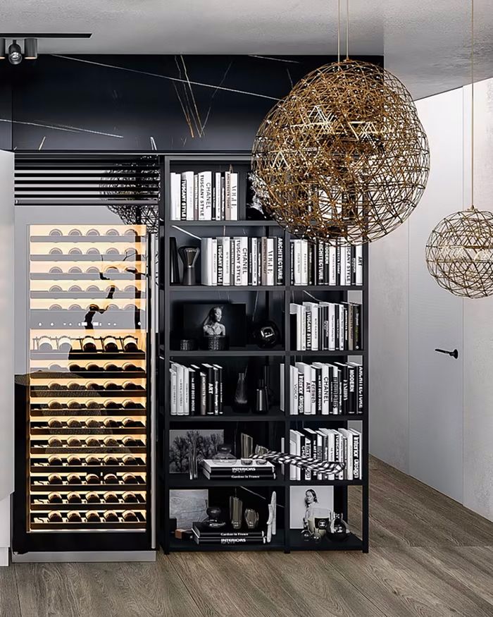 Étagère Kubus de Mebel Arts avec un éclairage impressionnant, parfaite pour le rangement des vins et des livres, ajoute du style à tout espace moderne.