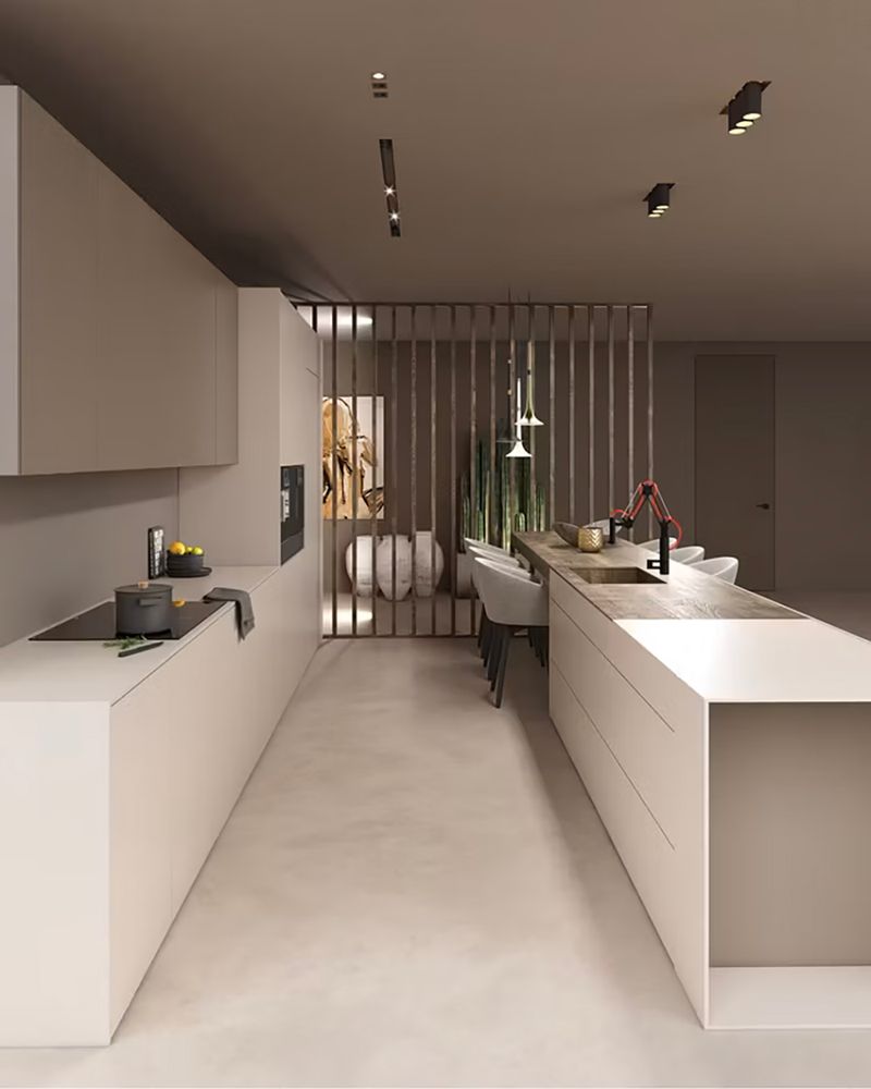 Modern Choco kitchen with minimalist design and an island