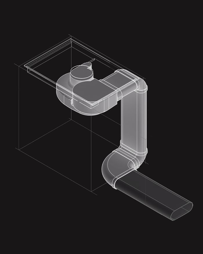 Complete steam extraction pathway for the BORA X PURE device, ensuring efficiency and space-saving in Mebel Arts kitchens.