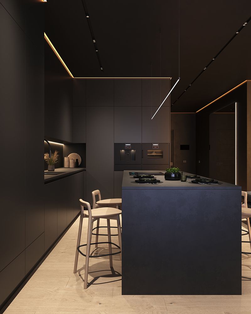 Black Basalt kitchen with a beautiful island and wooden stools