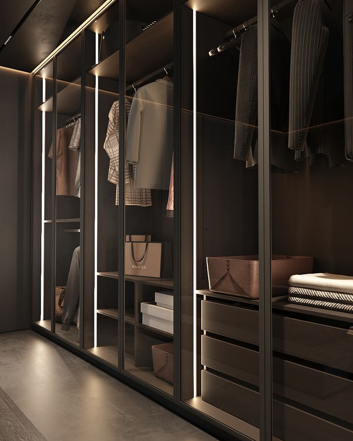 Interior layout of the Mebel Arts Lava Moon wardrobe, with an emphasis on functionality and elegant lighting.