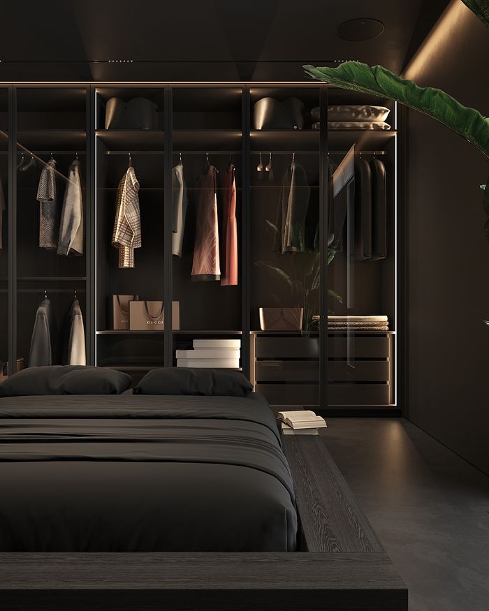 Discreet Lava Moon wardrobe by Mebel Arts with LED lighting and organized storage space.