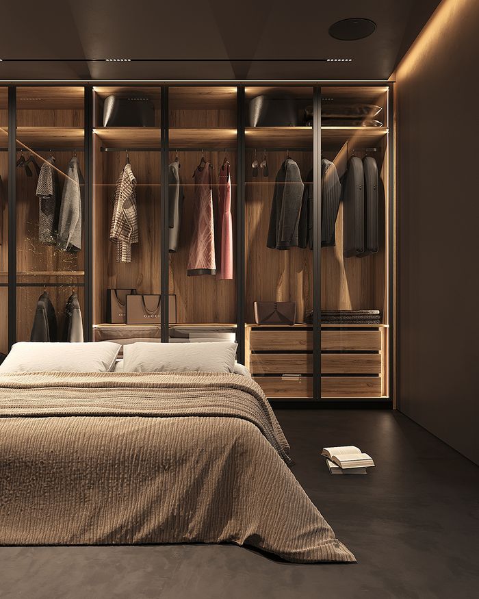 Modern Moonwood Mebel Arts wardrobe next to an elegant bed, with hidden Salice AIR hinges.