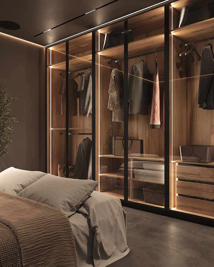 Imposing Moonwood wardrobe from Mebel Arts with glass doors and striking LED lighting.