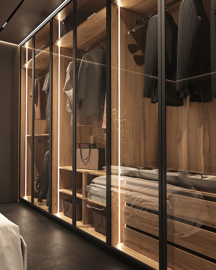 Contemporary Moonwood wardrobes by Mebel Arts, perfectly matching a modern bedroom with subtle lighting.