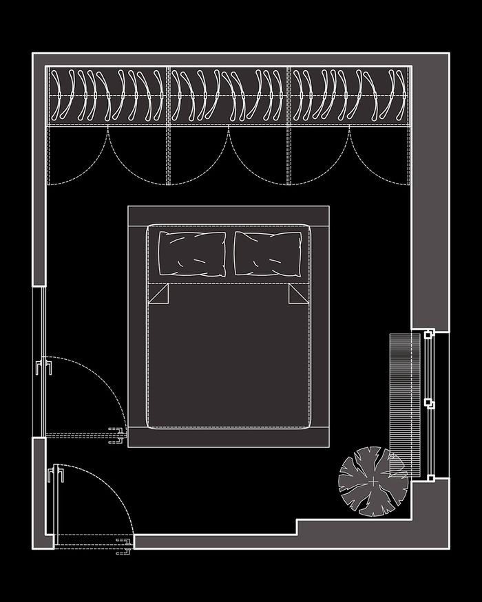 Plan de chambre avec une armoire Moonwood de Mebel Arts, avec une vue détaillée de la structure et de la fonctionnalité de l'espace.