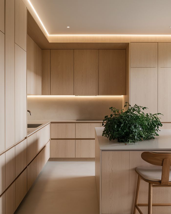 Kitchen with a breakfast bar and tall cabinets in natural oak wood.