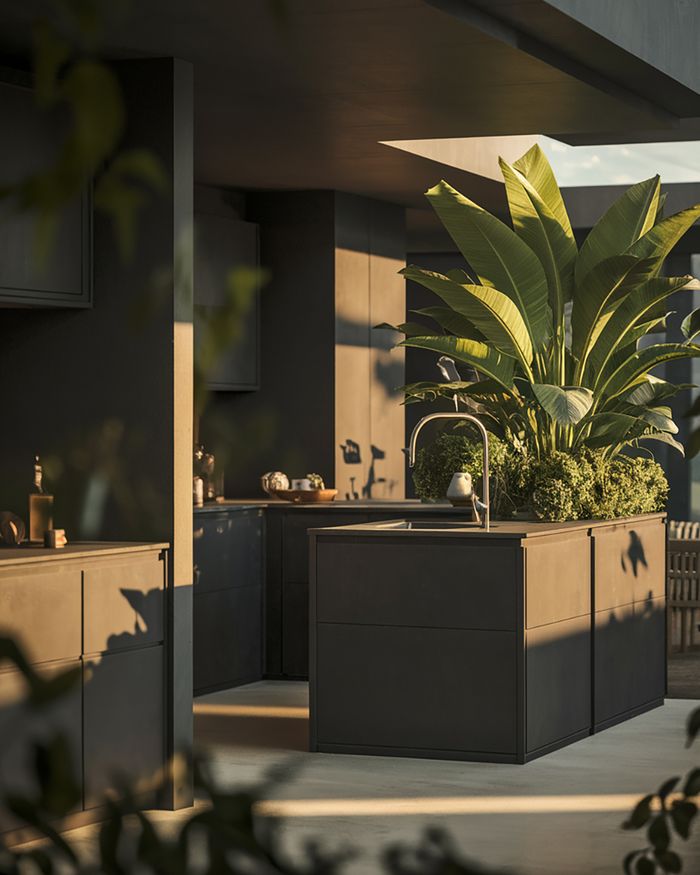 Kitchen with a breakfast bar featuring polished concrete.