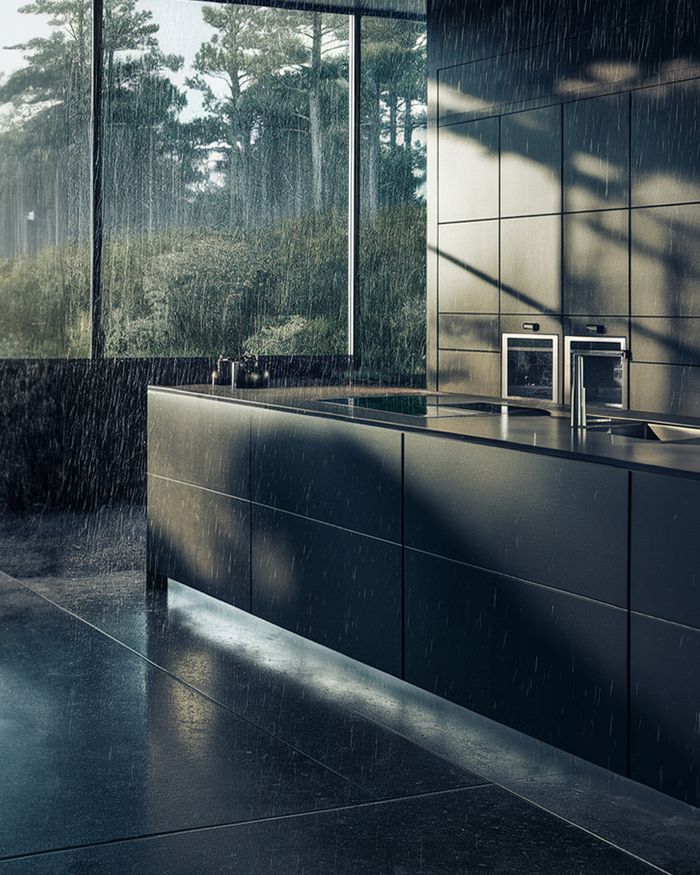 Kitchen with a breakfast bar in beautiful acrylic finishes up to the ceiling.