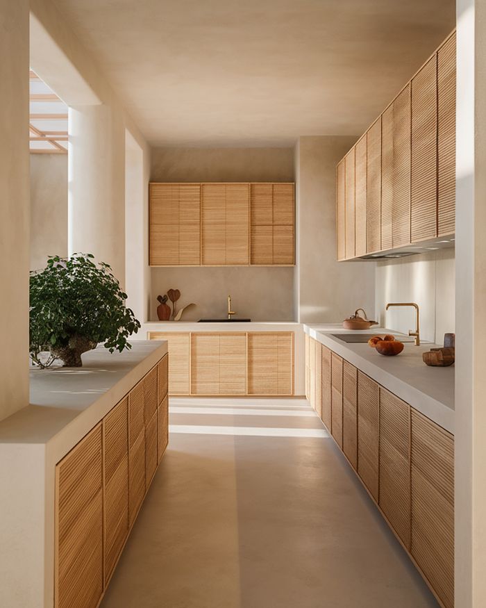 Kitchen Renovation with Oak Wood Doors and Cement Mortar Countertop