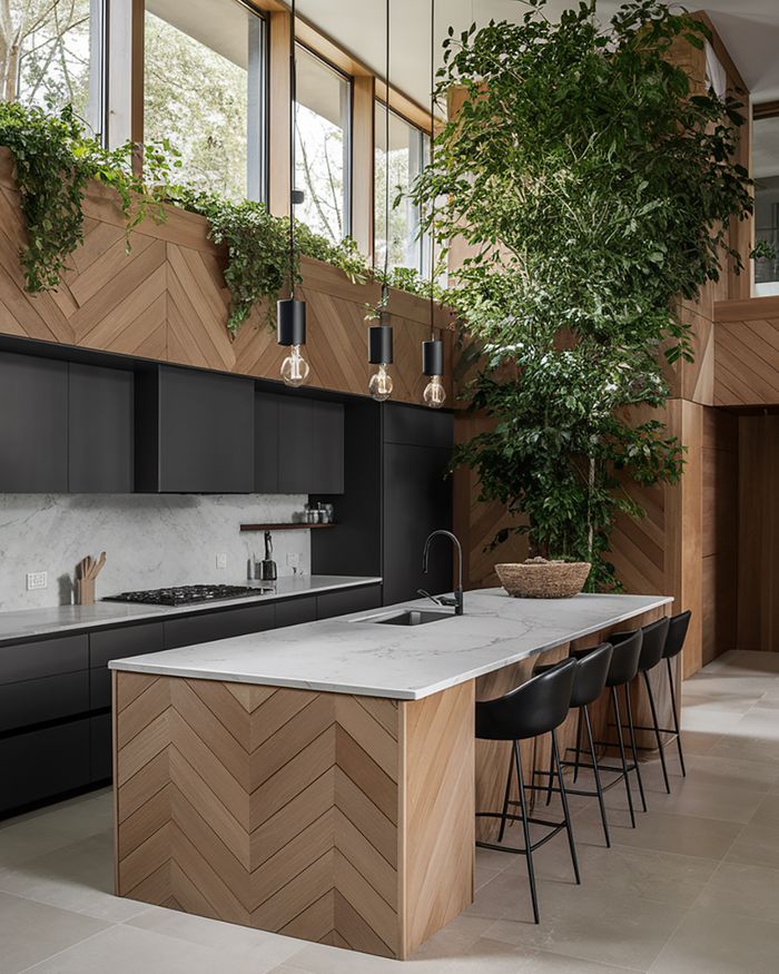 A wooden kitchen with a breakfast bar and a white Calacatta Gold countertop, complemented by modern ceiling lights.