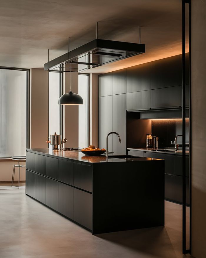 Meubles de cuisine modernes avec des armoires anthracite et un îlot de Mebel Arts. Éclairage LED et design élégant, idéal pour une esthétique luxueuse.