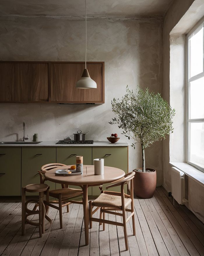 Greek kitchen furniture combining olive green and walnut wood creates a unique atmosphere.