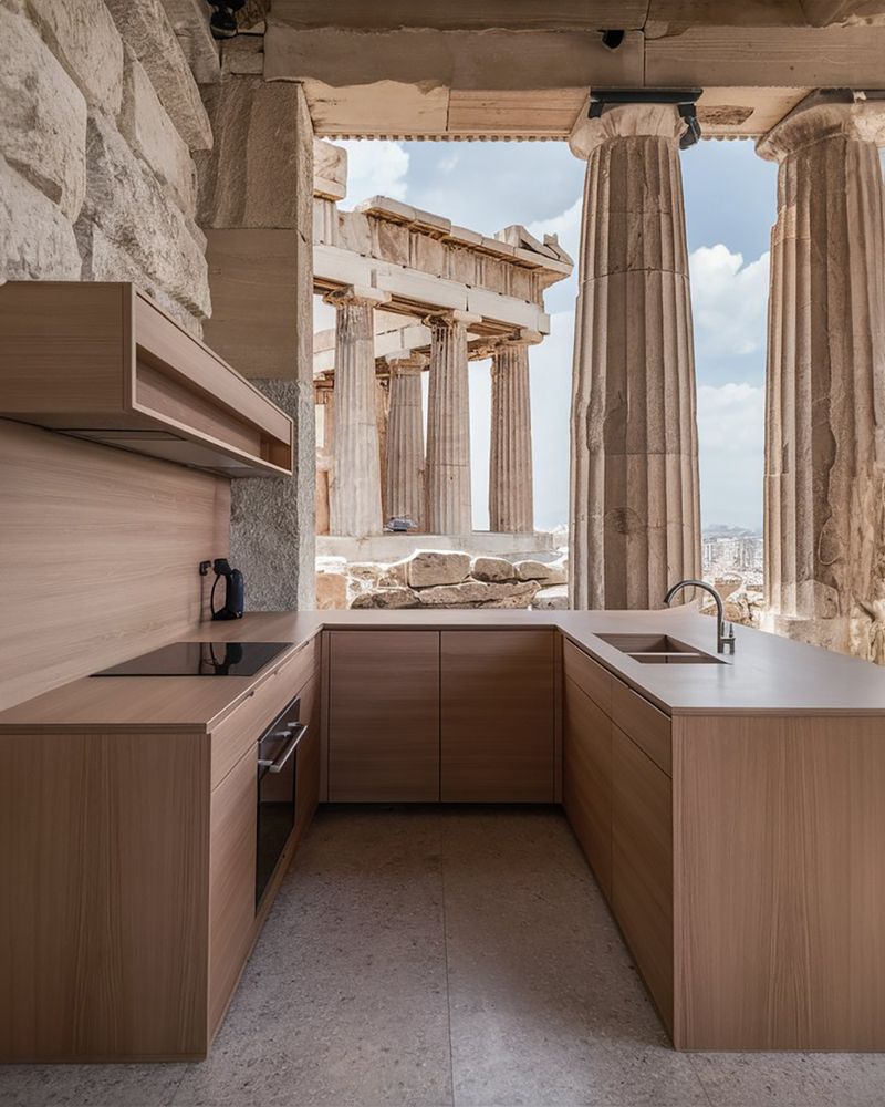 Πανέμορφη ελληνική κουζίνα κατασκευασμένη από ξύλο ελιάς με θέα τον Παρθενώνα στο βράχο της ακρόπολης
