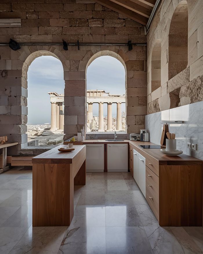 Des meubles de cuisine grecs uniques en bois, offrant une vue sur l'Acropole à travers les arches.