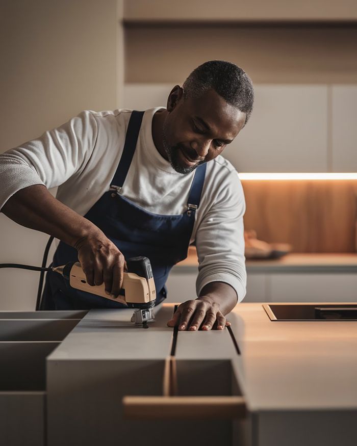 Kitchen renovation with a professional technician installing high-quality furniture, paying close attention to detail to create an elegant and functional kitchen.