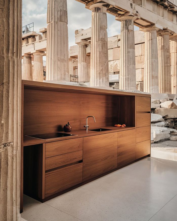 Modern wooden kitchen furniture integrated into ancient Greek architecture, combining tradition with contemporary design.