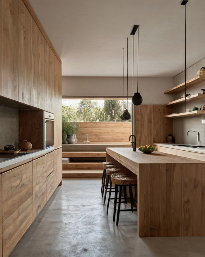 A modern kitchen with wooden furniture, a minimal design, and natural lighting from a large window. An ideal space for daily use.