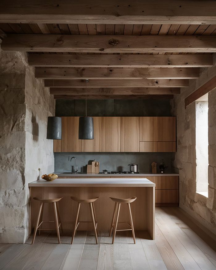 A modern kitchen with wooden furniture, stone walls, and wooden beams on the ceiling. A warm atmosphere and beautiful design reminiscent of past eras.