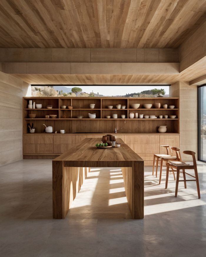 Une cuisine moderne avec des meubles en bois, un design minimaliste et une lumière naturelle provenant d'une grande fenêtre. Un espace idéal pour un usage quotidien.